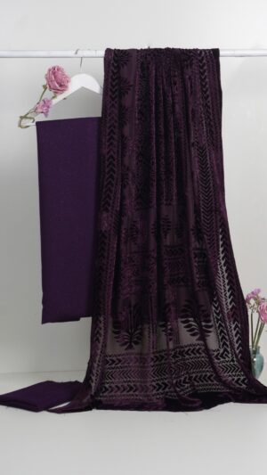 3 piece winter Palachi Shawl with Moon light Dhanak Marina shirt & Trouser (purple)