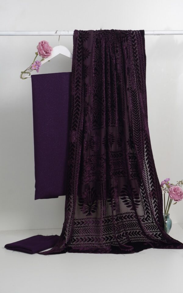 3 piece winter Palachi Shawl with Moon light Dhanak Marina shirt & Trouser (purple)
