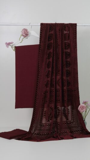 3 piece winter Palachi Shawl with Moon light Dhanak Marina shirt & Trouser (maroon)