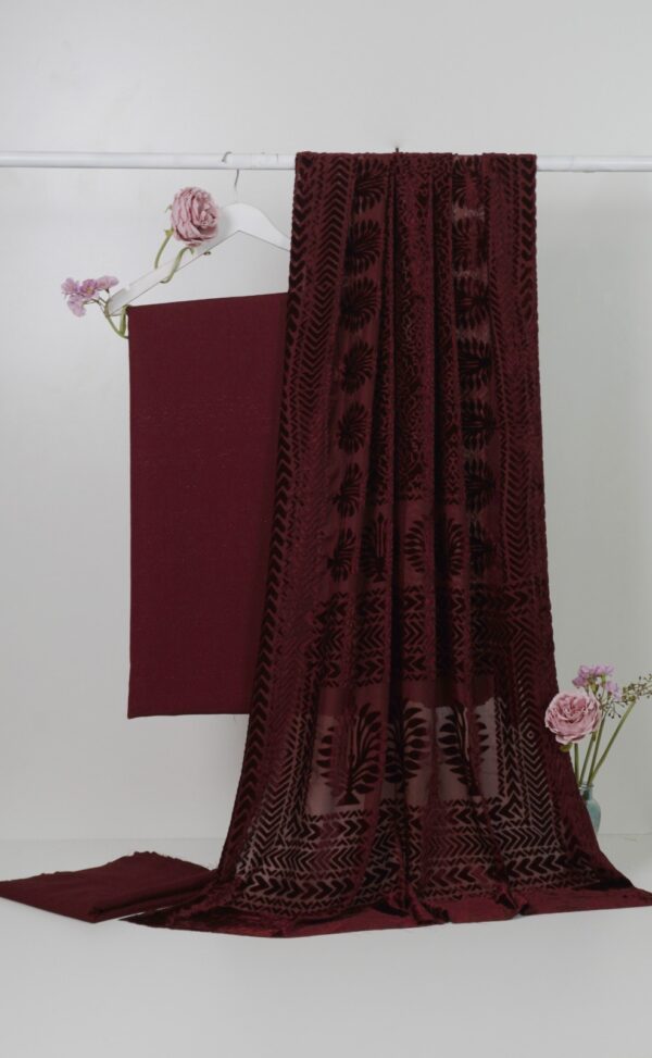 3 piece winter Palachi Shawl with Moon light Dhanak Marina shirt & Trouser (maroon)