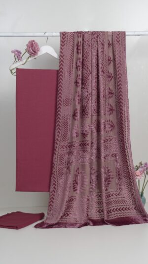 3 piece winter Palachi Shawl with Moon light Dhanak Marina shirt & Trouser (pink)
