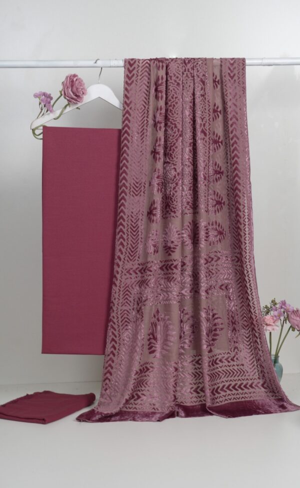 3 piece winter Palachi Shawl with Moon light Dhanak Marina shirt & Trouser (pink)