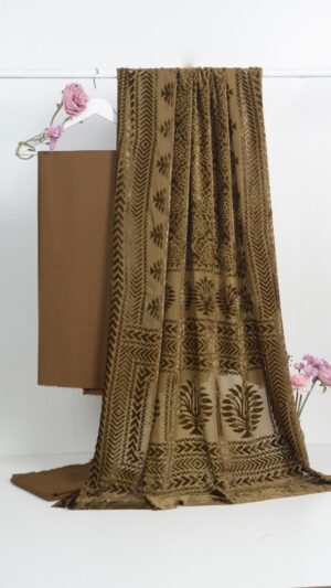 3 piece winter Palachi Shawl with Moon light Dhanak Marina shirt & Trouser (brown)