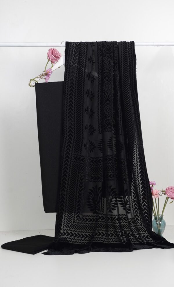 3 piece winter Palachi Shawl with Moon light Dhanak Marina shirt & Trouser (black)